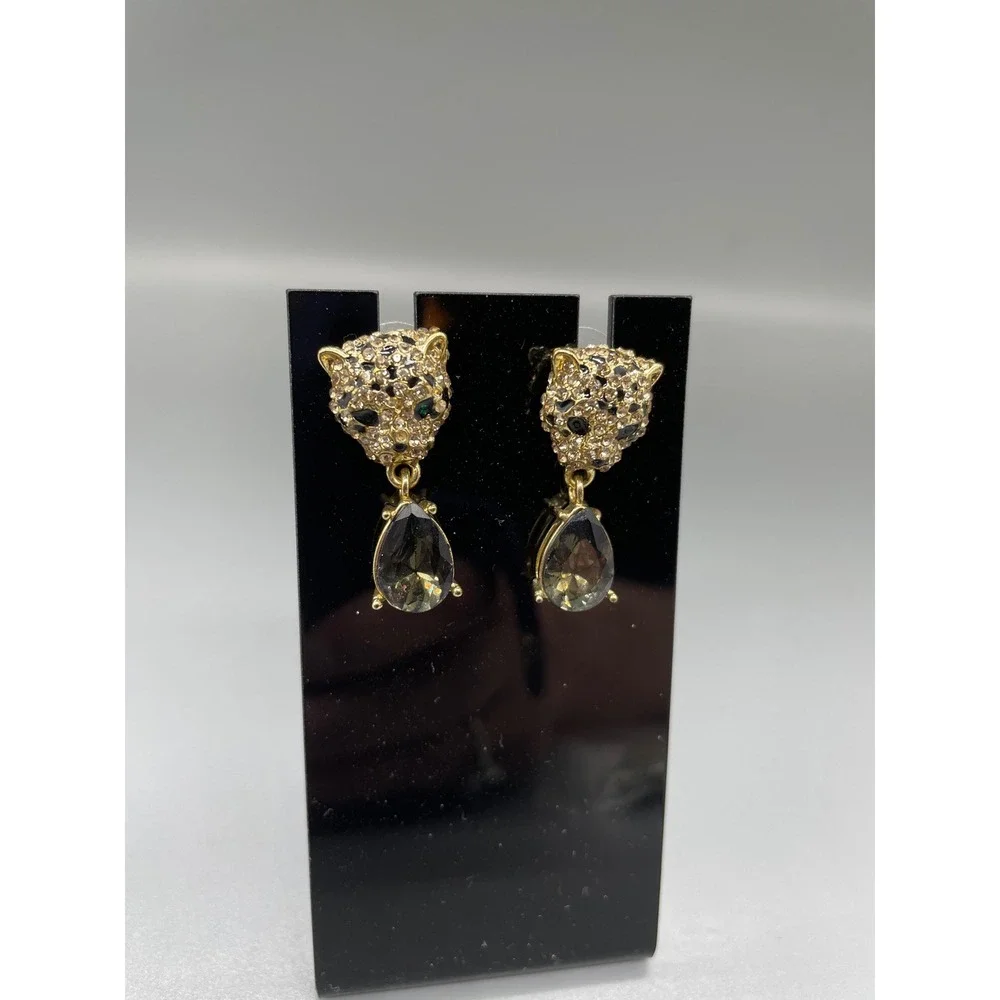 Gold‎ Leopard Head Rhinestone Teardrop Earrings  Animal Statement Studs